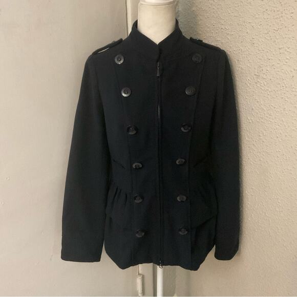 Sashimi Blue Military Ruffled Zip Front Peacoat M Preppy Winter Cozy Comfy - Picture 1 of 12